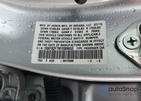 2015 Honda Civic Se z USA, uszkodzony, nr VIN 19XFB2F79FE089653